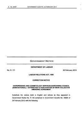 Labour Relations Act: Hairdressing and Cosmetology Services Bargaining Council (Semi-National): Extension to Non-Parties of Main