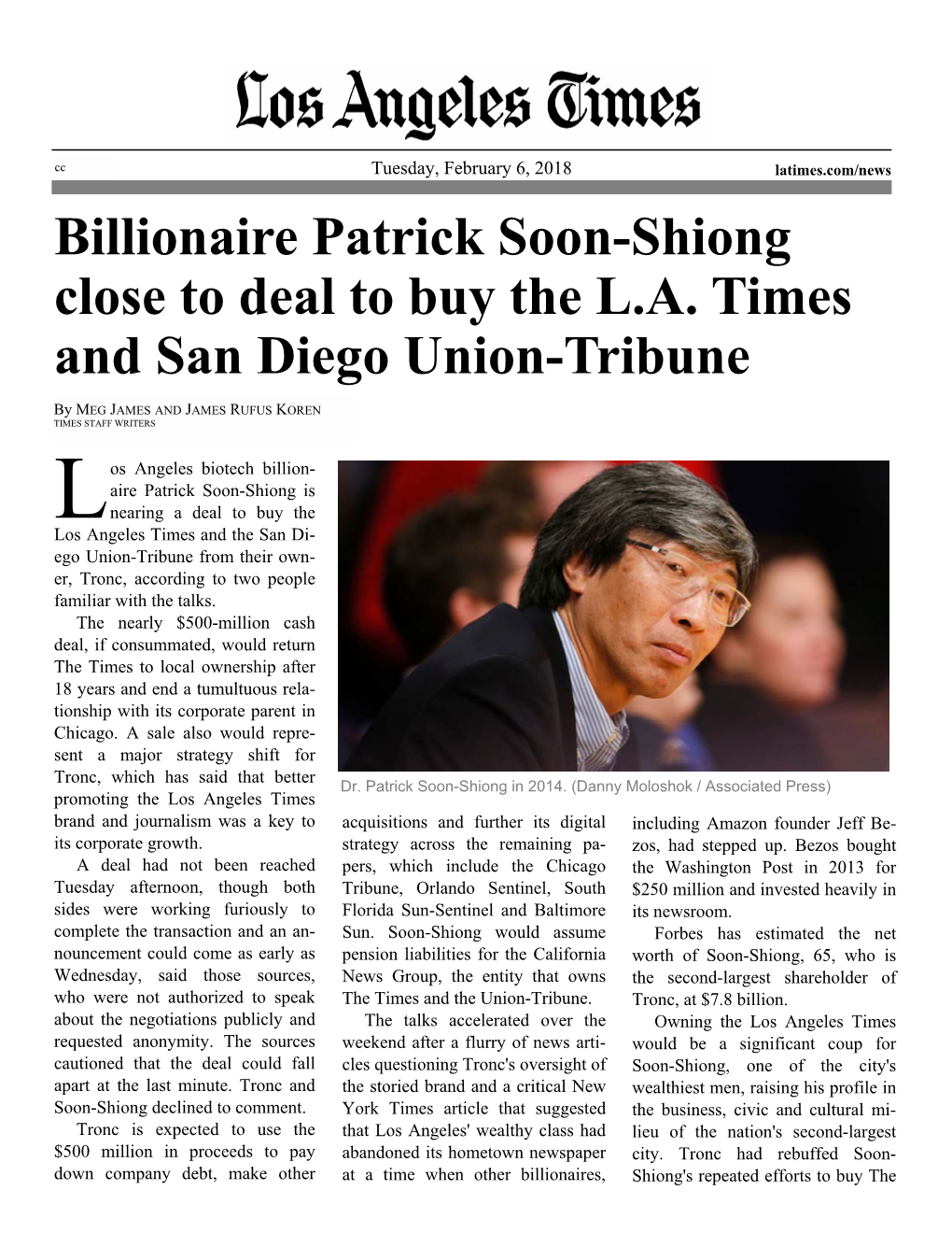 Billionaire Patrick Soon-Shiong Close to Deal LAT 020618.Pub