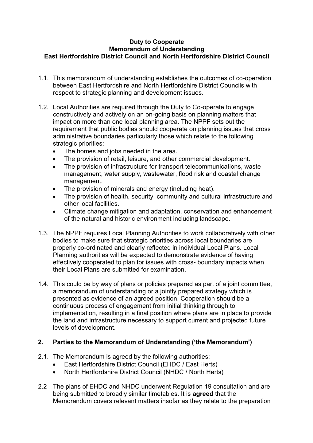 Duty to Cooperate Memorandum of Understanding East Hertfordshire District Council and North Hertfordshire District Council