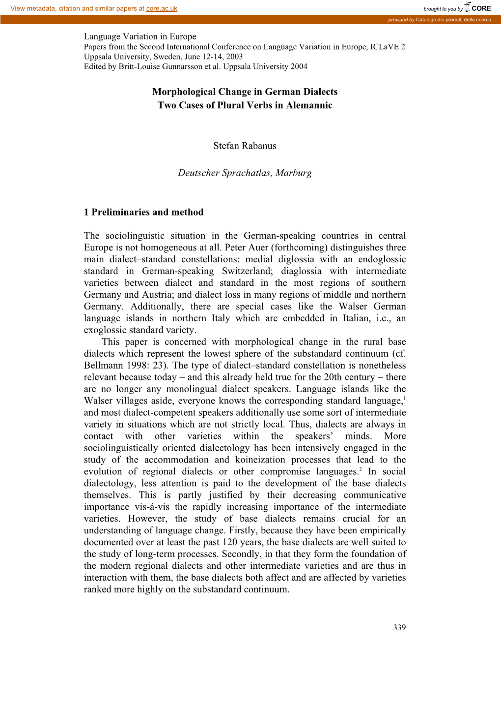 Morphological Change in German Dialects Two Cases of Plural Verbs in Alemannic