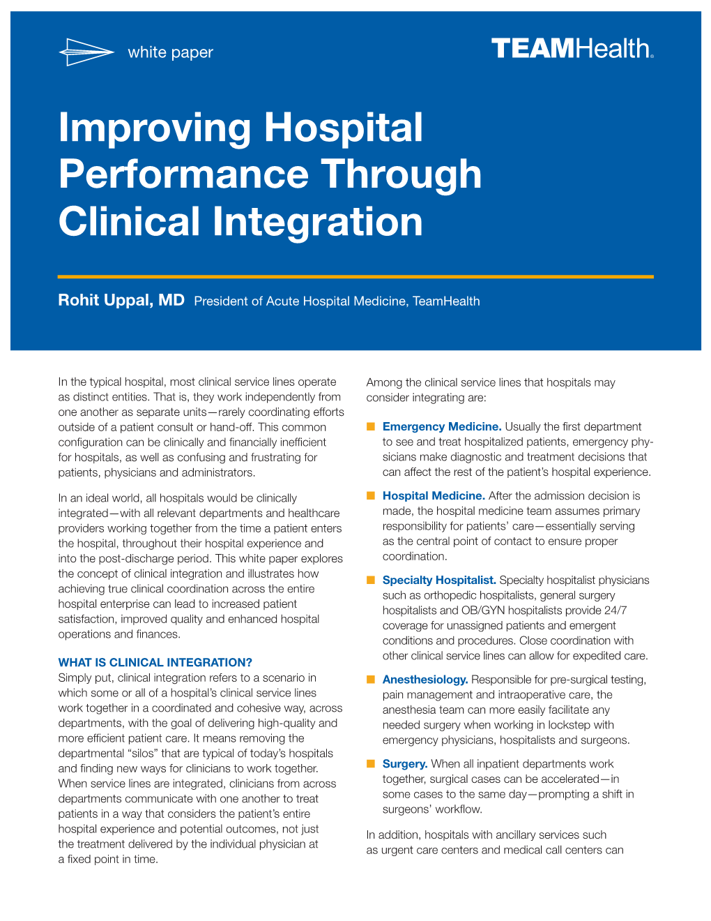 Improving Hospital Performance Through Clinical Integration