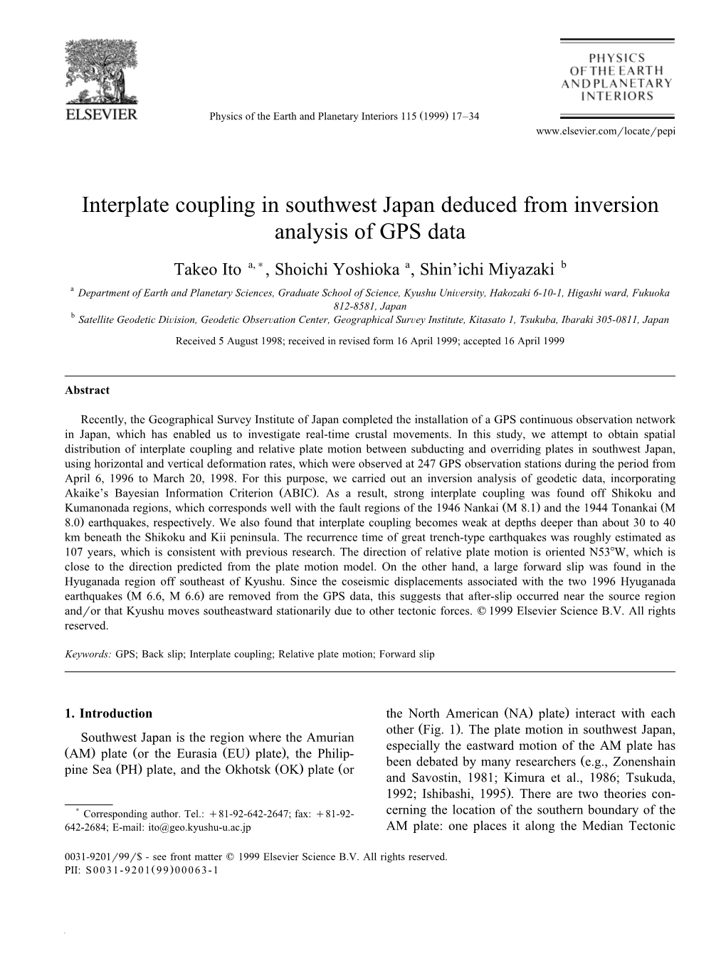 Interplate Coupling in Southwest Japan Deduced from Inversion Analysis of GPS Data