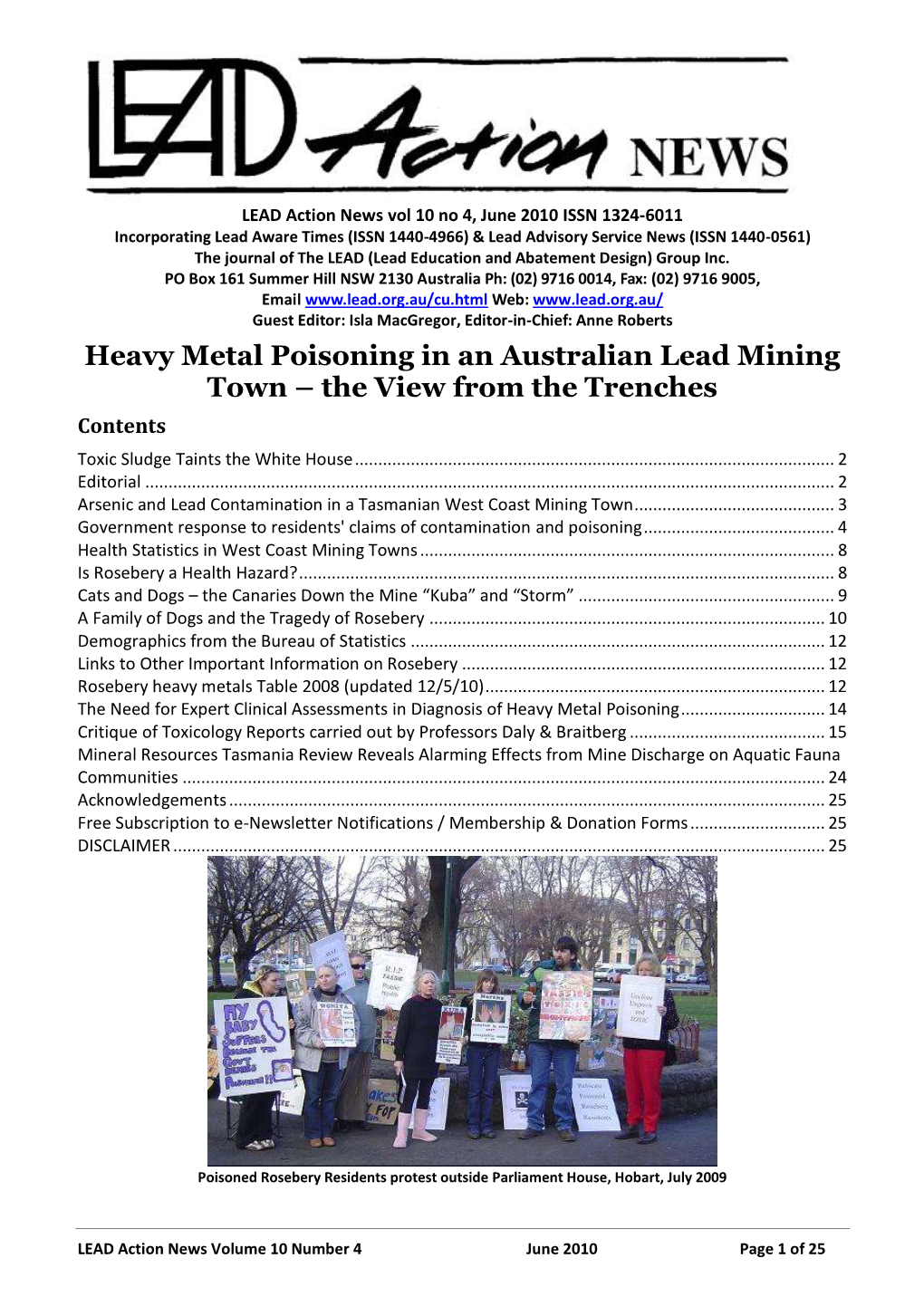 Heavy Metal Poisoning in an Australian Lead Mining Town – the View from the Trenches Contents Toxic Sludge Taints the White House