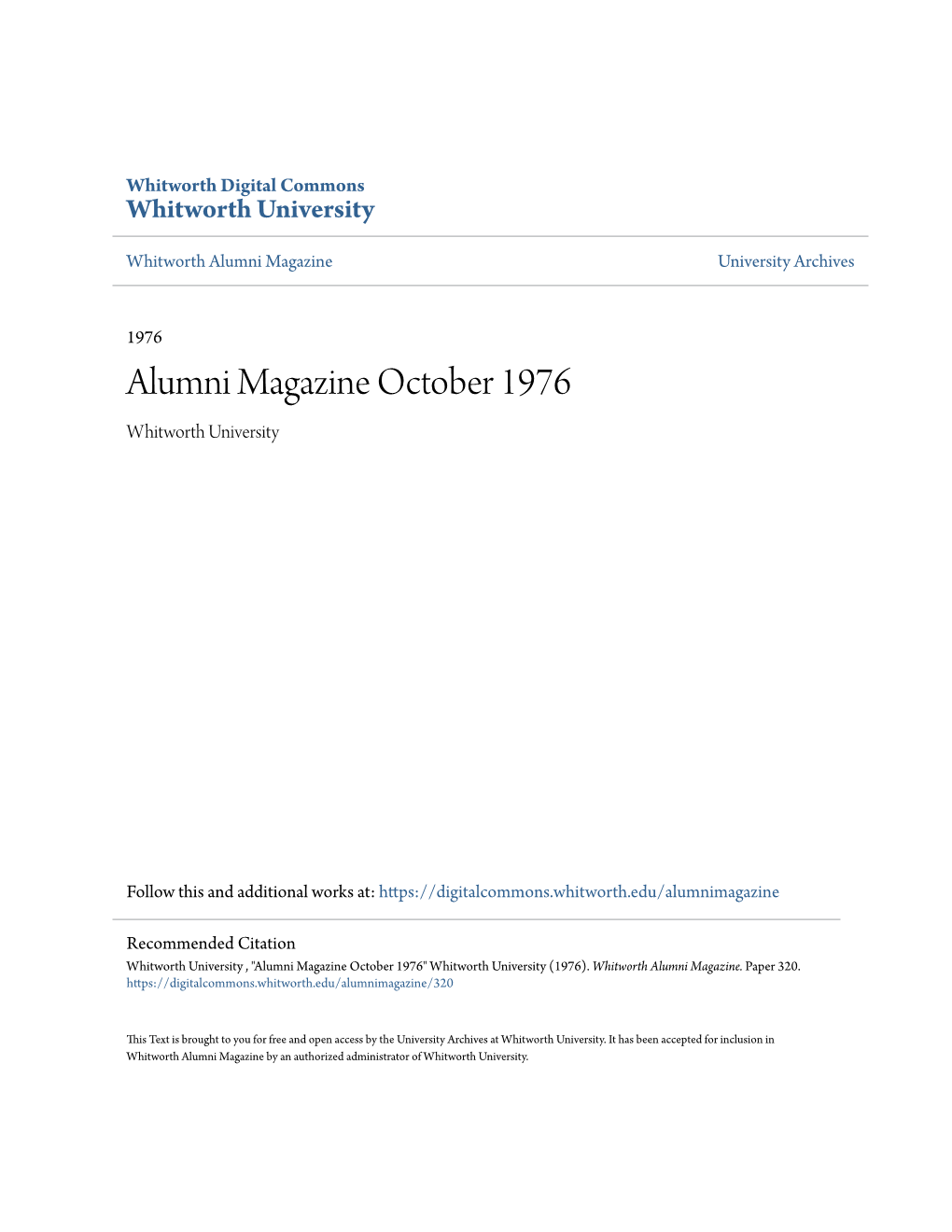 Alumni Magazine October 1976 Whitworth University