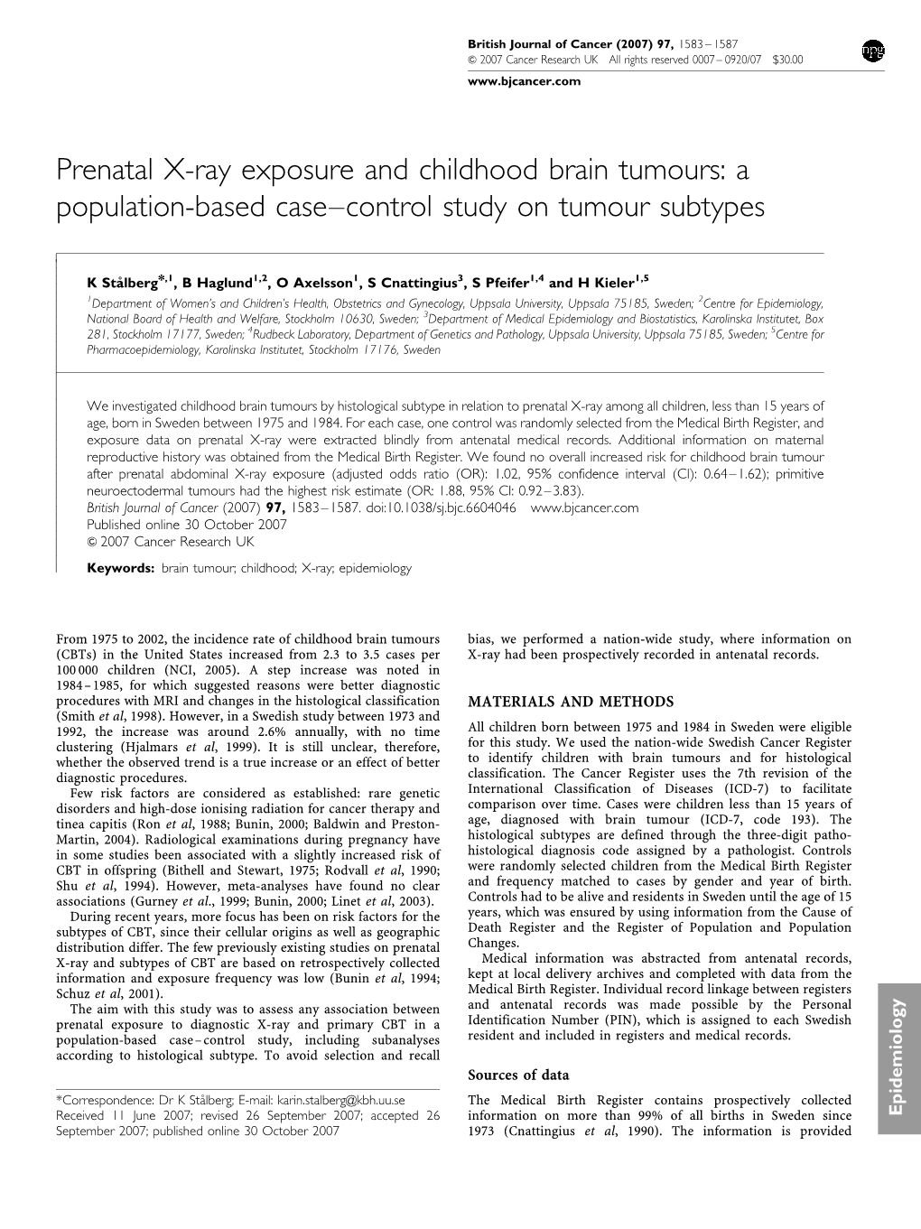 Prenatal X-Ray Exposure and Childhood Brain Tumours: a Population-Based Case–Control Study on Tumour Subtypes