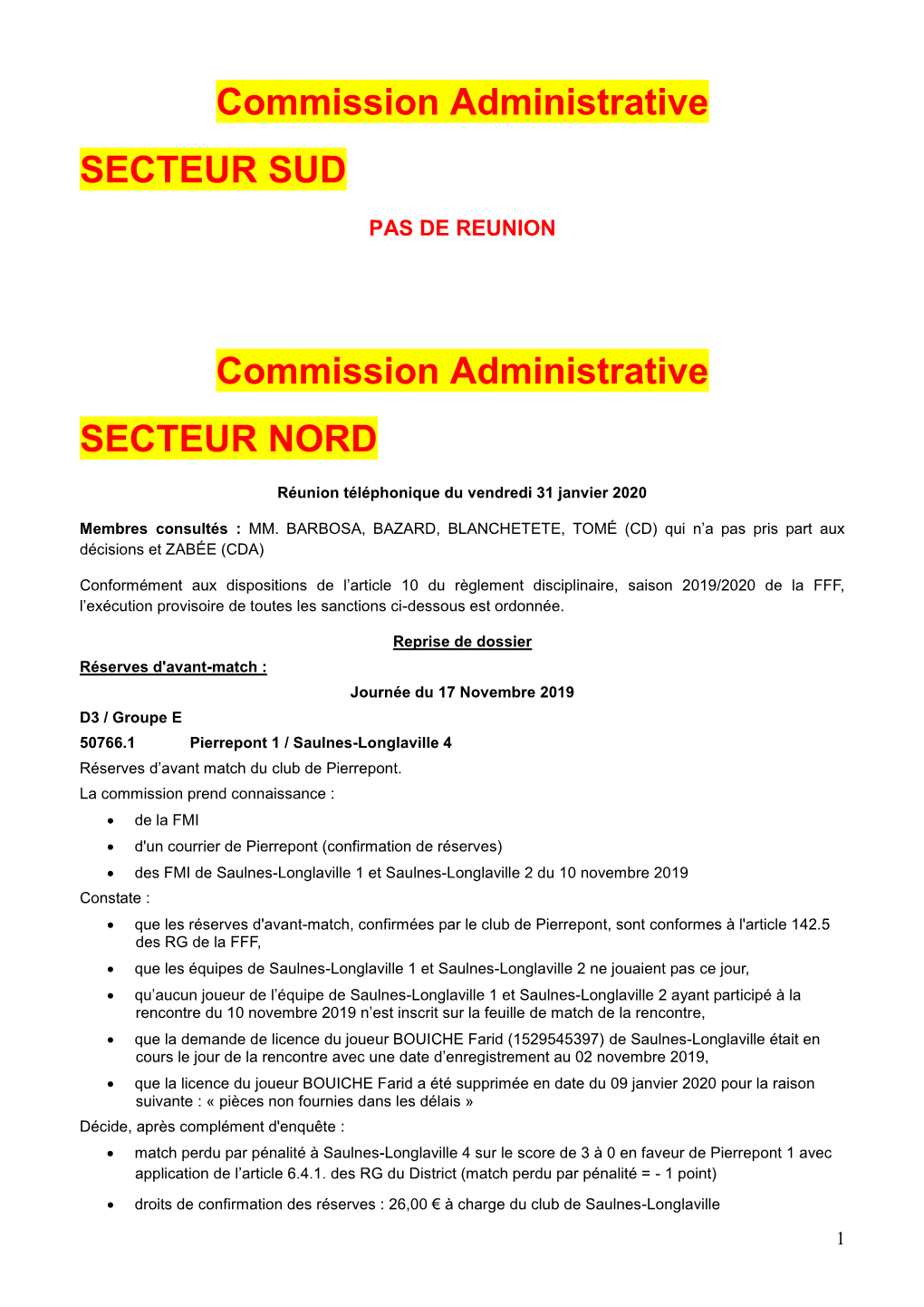 Commission Administrative SECTEUR NORD
