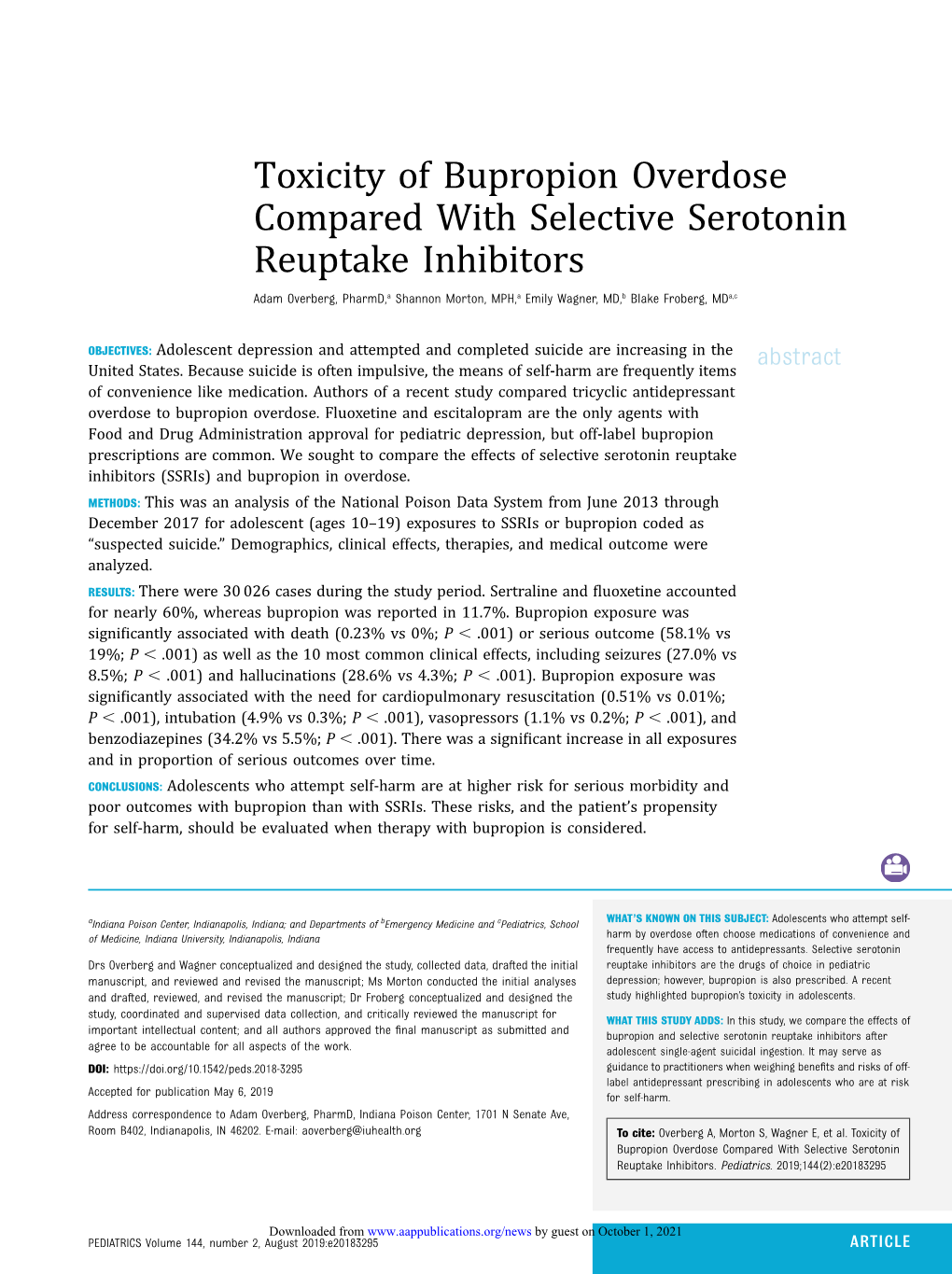 Toxicity of Bupropion Overdose Compared with Selective Serotonin