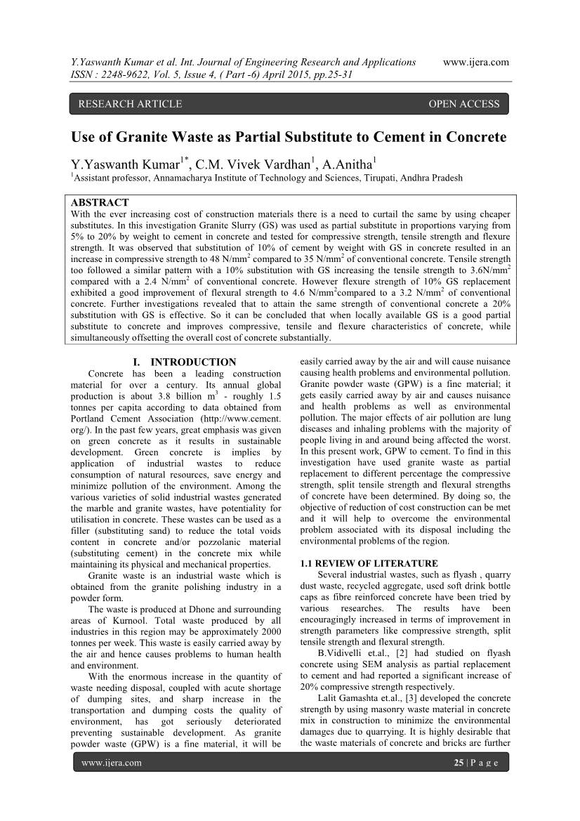 Use of Granite Waste As Partial Substitute to Cement in Concrete