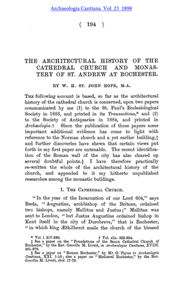 The Architectural History of the Cathedral Church and Monastery of St Andrew at Rochester