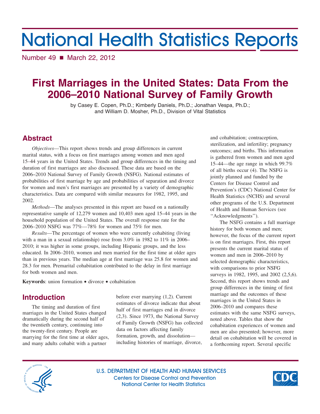 First Marriages in the United States: Data from the 2006-2010