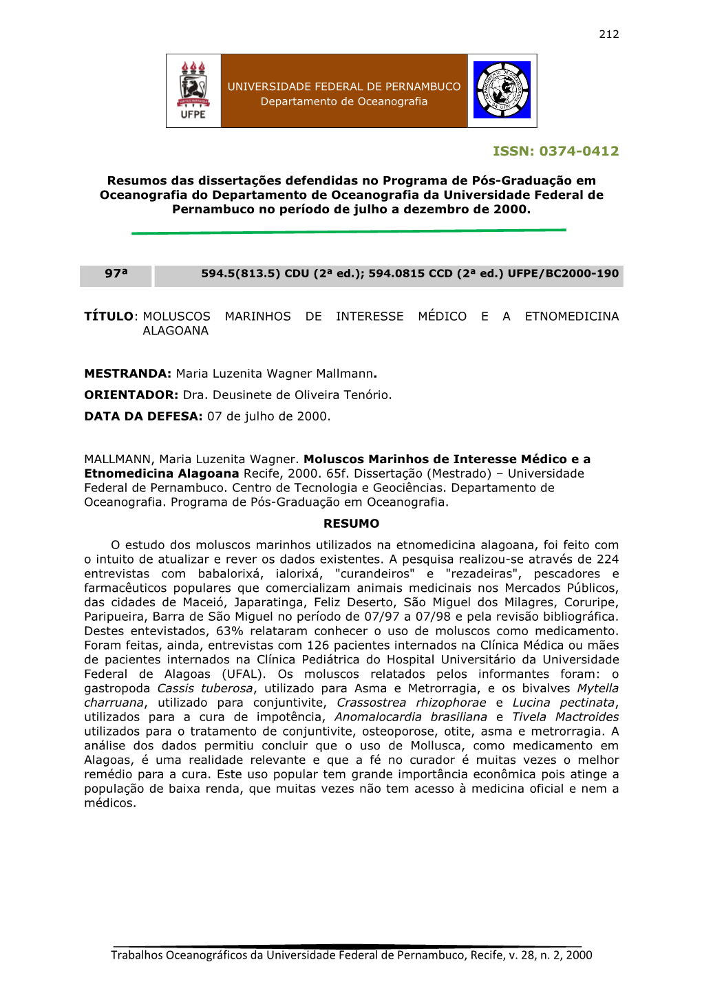 ISSN: 0374-0412 Trabalhos Oceanográficos Da Universidade