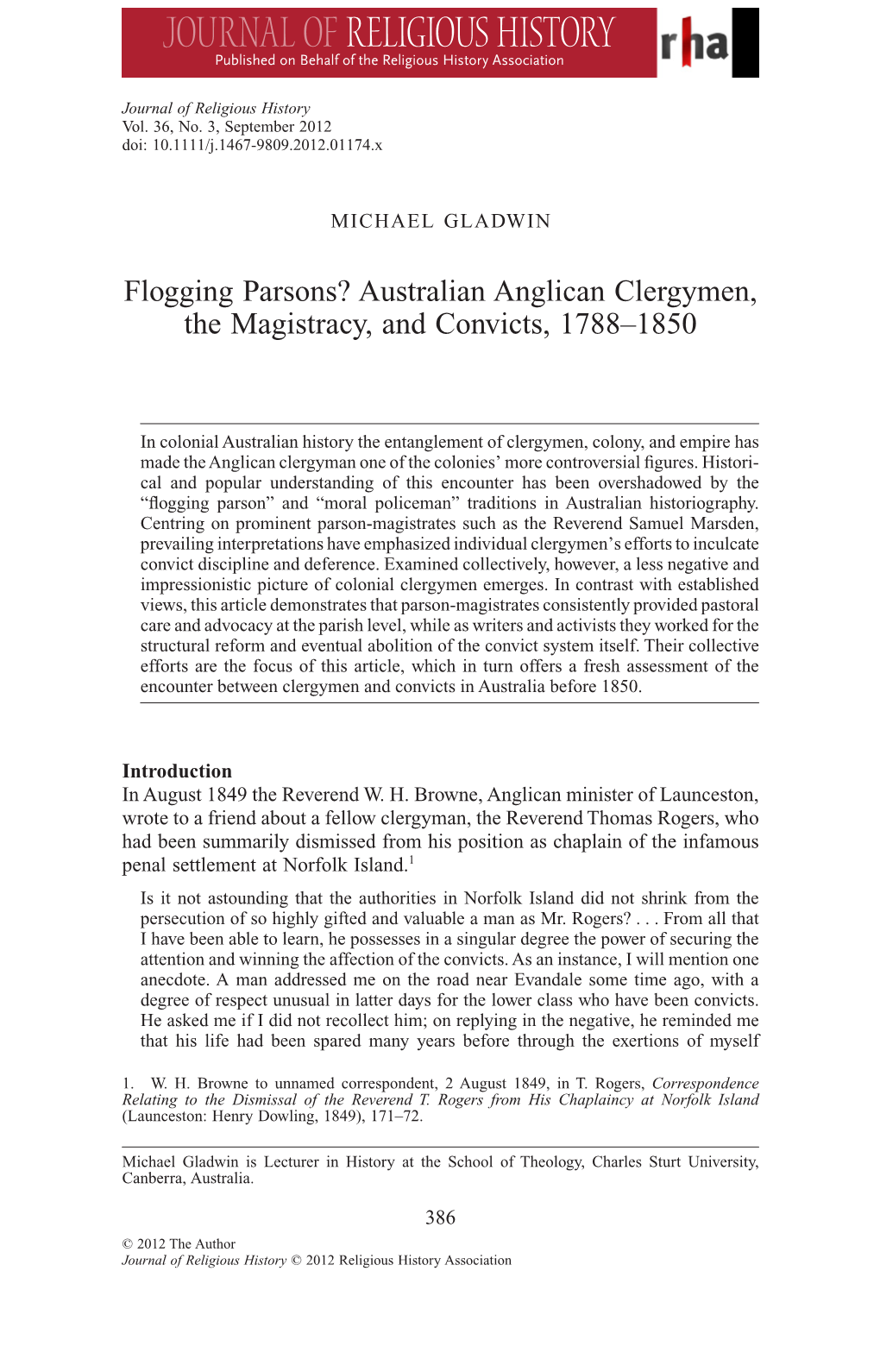 Australian Anglican Clergymen, the Magistracy, and Convicts, 17881850