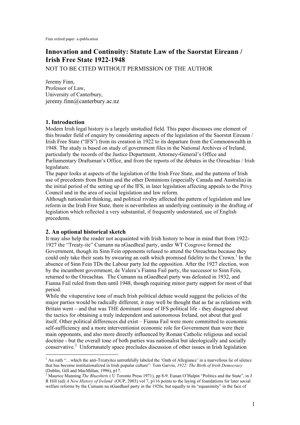 Jeremy Finn, Innovation and Continuity: Statute Law of the Saorstat Eireann / Irish Free State 1922-1948