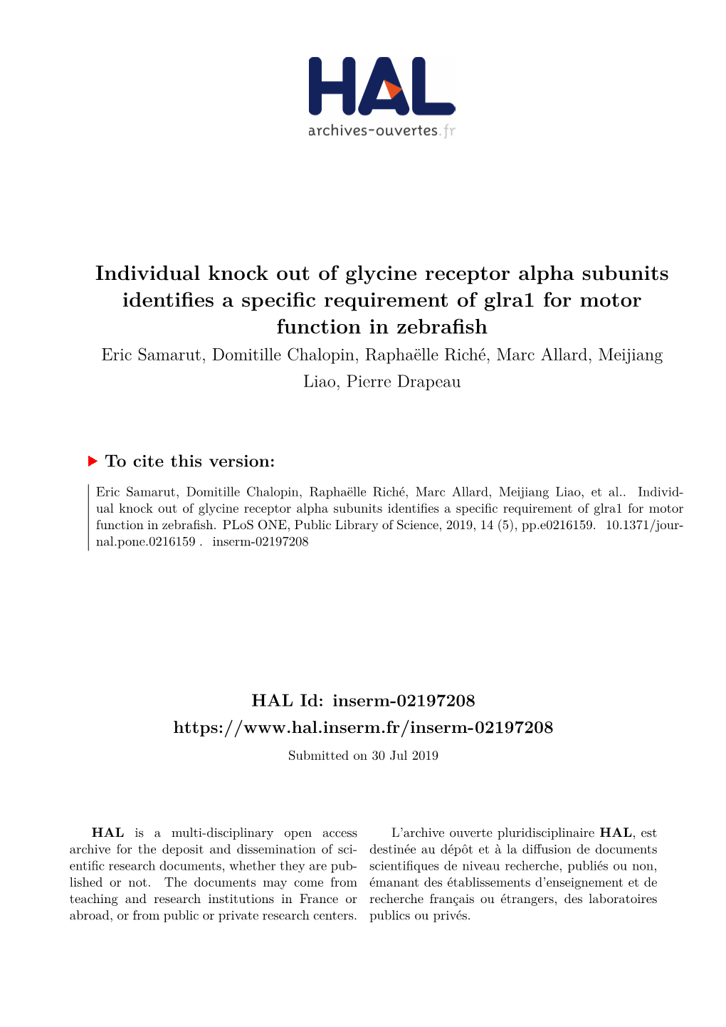 Individual Knock out of Glycine Receptor Alpha Subunits Identifies A