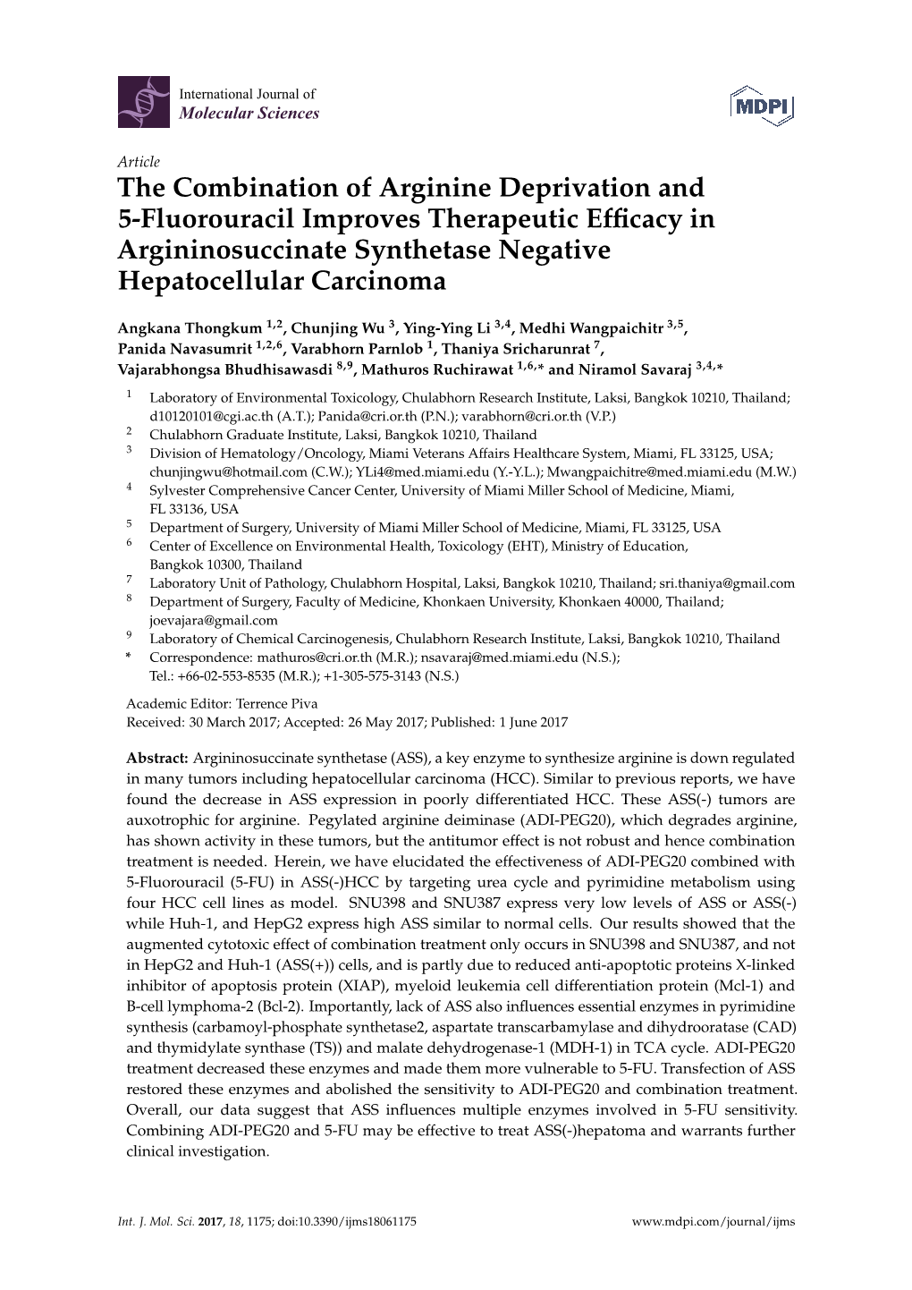 The Combination of Arginine Deprivation and 5-Fluorouracil Improves Therapeutic Efﬁcacy in Argininosuccinate Synthetase Negative Hepatocellular Carcinoma