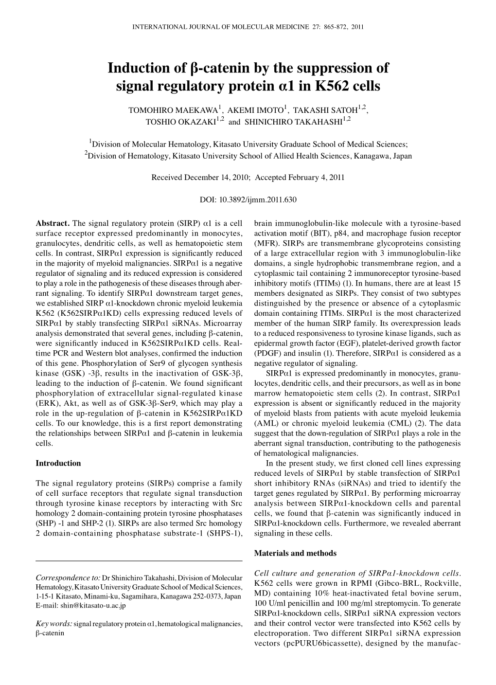 Induction of Β-Catenin by the Suppression of Signal Regulatory Protein Α1 in K562 Cells