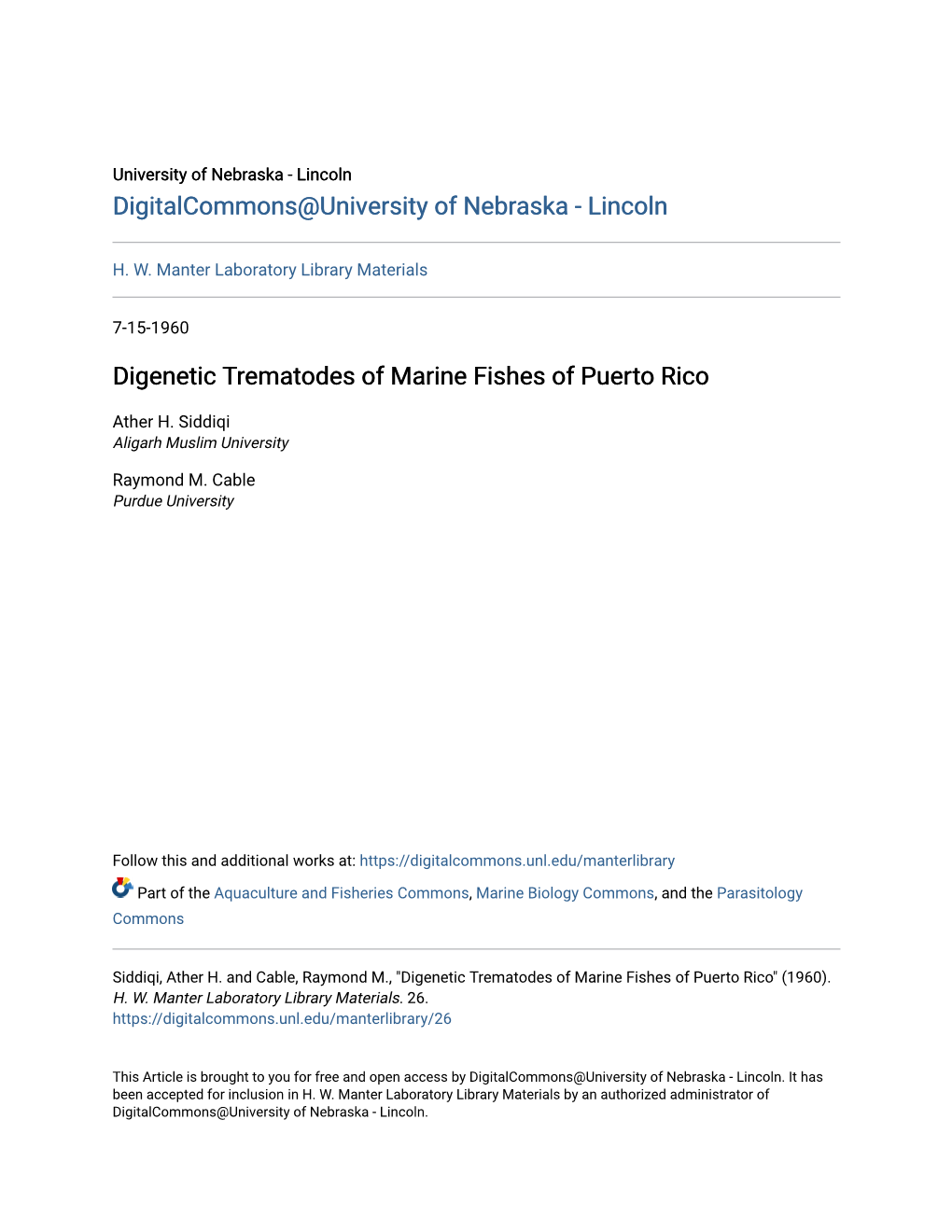 Digenetic Trematodes of Marine Fishes of Puerto Rico