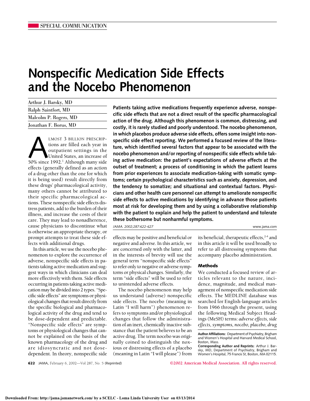 Nonspecific Medication Side Effects and the Nocebo Phenomenon