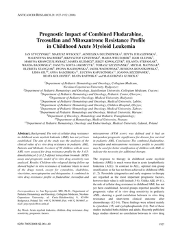 Prognostic Impact of Combined Fludarabine, Treosulfan and Mitoxantrone Resistance Profile in Childhood Acute Myeloid Leukemia