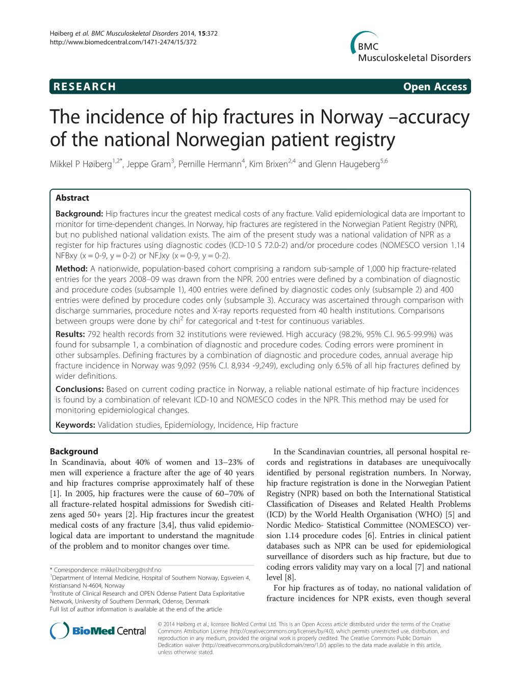 The Incidence of Hip Fractures in Norway –Accuracy of the National