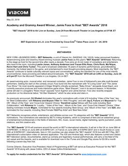 Academy and Grammy Award Winner, Jamie Foxx to Host "BET Awards" 2018