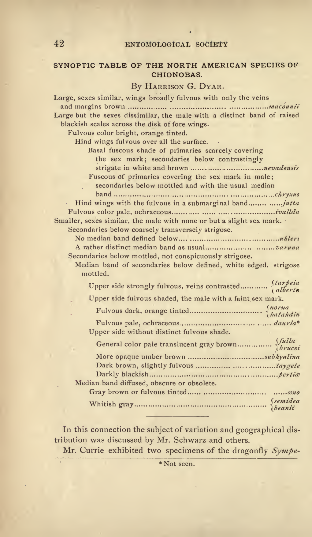 42 Entomological Society Synoptic Table of Thenorth