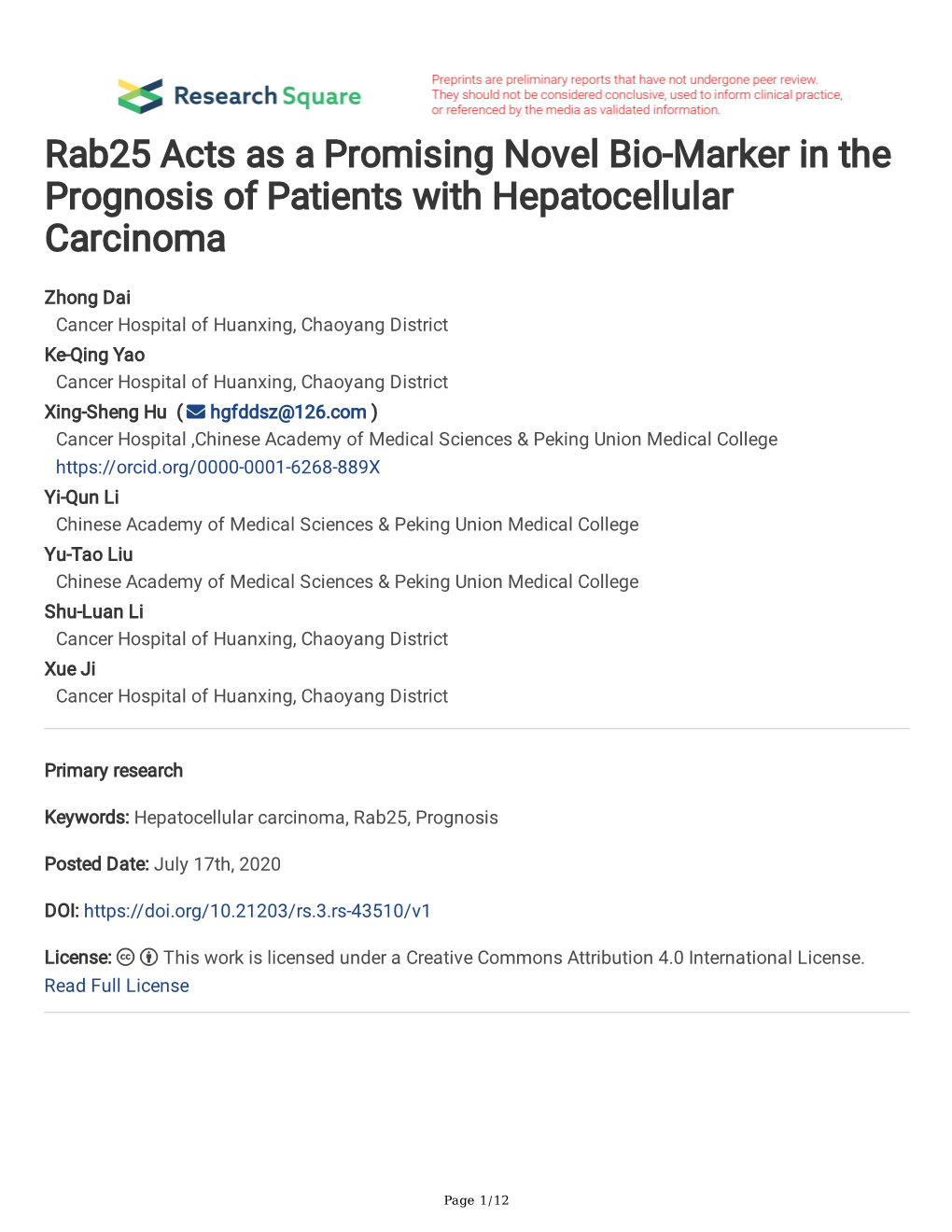 Rab25 Acts As a Promising Novel Bio-Marker in the Prognosis of Patients with Hepatocellular Carcinoma