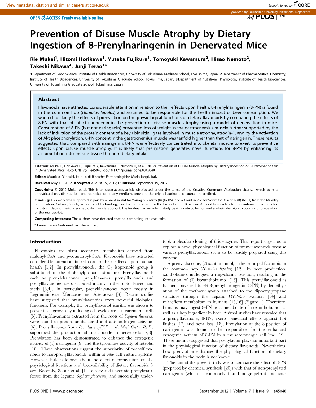 Prevention of Disuse Muscle Atrophy by Dietary Ingestion of 8-Prenylnaringenin in Denervated Mice