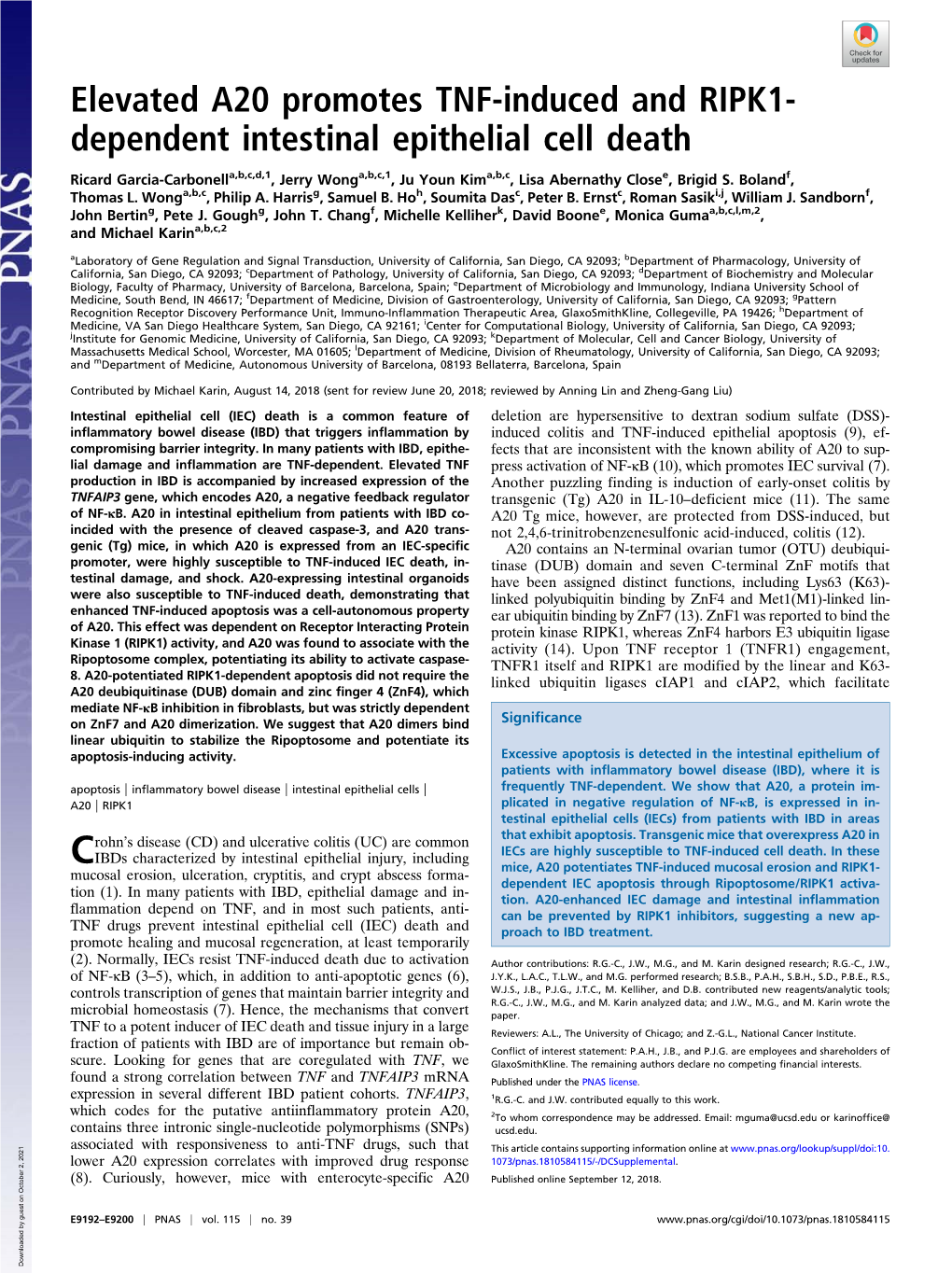 Elevated A20 Promotes TNF-Induced and RIPK1- Dependent Intestinal Epithelial Cell Death