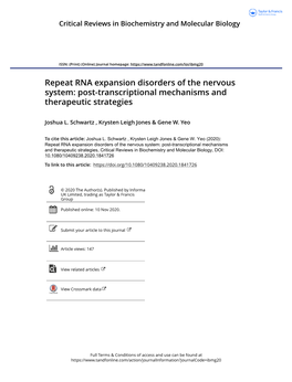 Repeat RNA Expansion Disorders of the Nervous System: Post-Transcriptional Mechanisms and Therapeutic Strategies