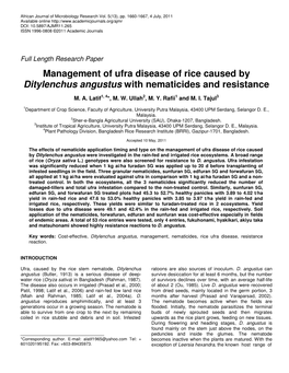 Management of Ufra Disease of Rice Caused by Ditylenchus Angustus with Nematicides and Resistance