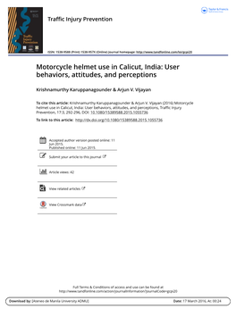 Motorcycle Helmet Use in Calicut, India: User Behaviors, Attitudes, and Perceptions