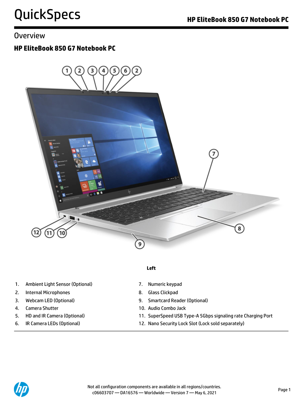 HP Elitebook 850 G7 Notebook PC, Worlwide, Quickspec