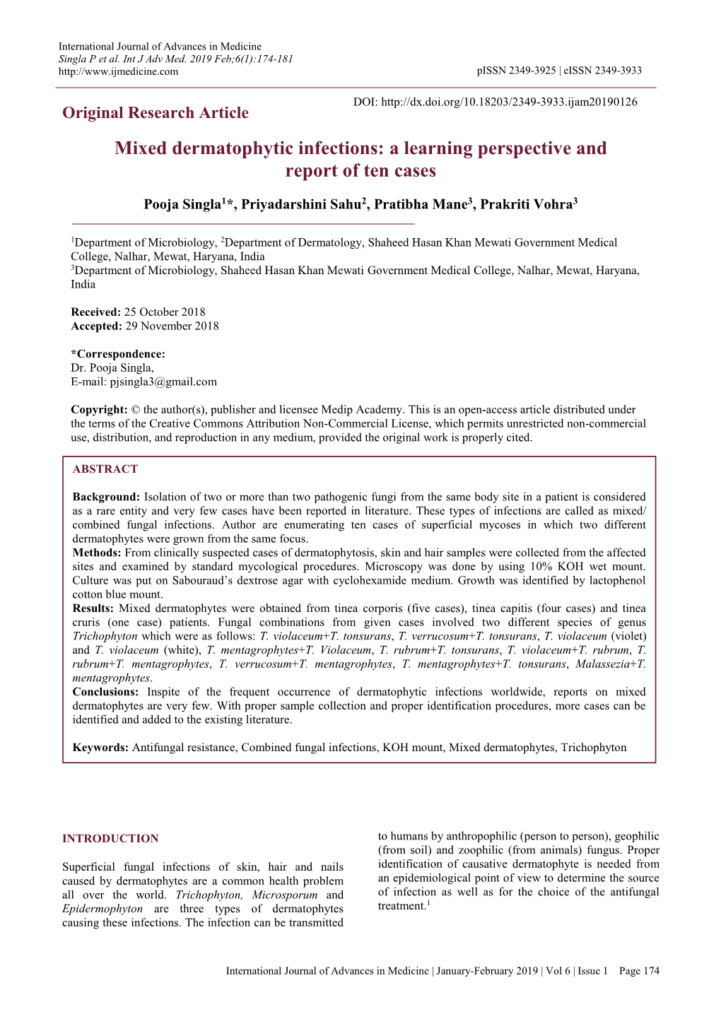 Mixed Dermatophytic Infections: a Learning Perspective and Report of Ten Cases