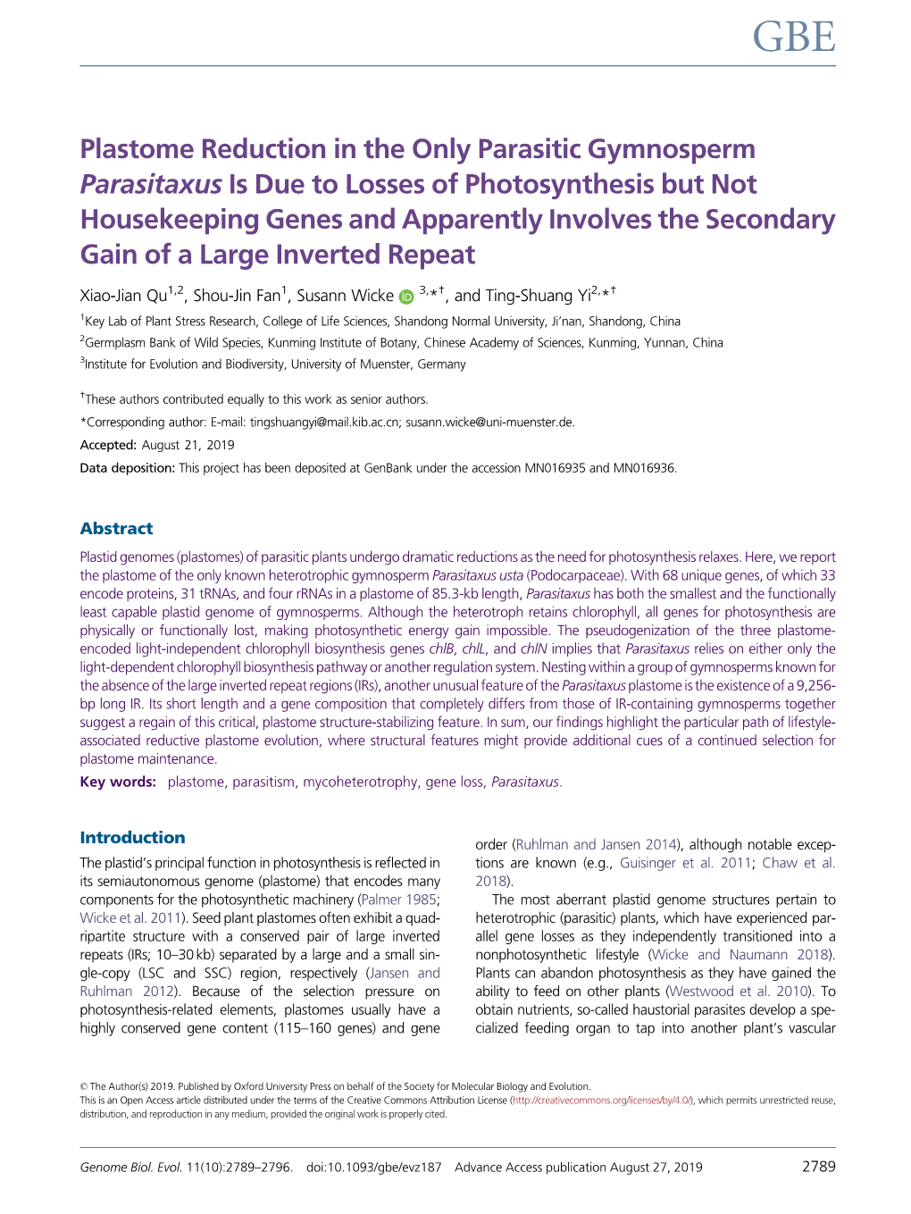 Plastome Reduction in the Only Parasitic Gymnosperm Parasitaxus