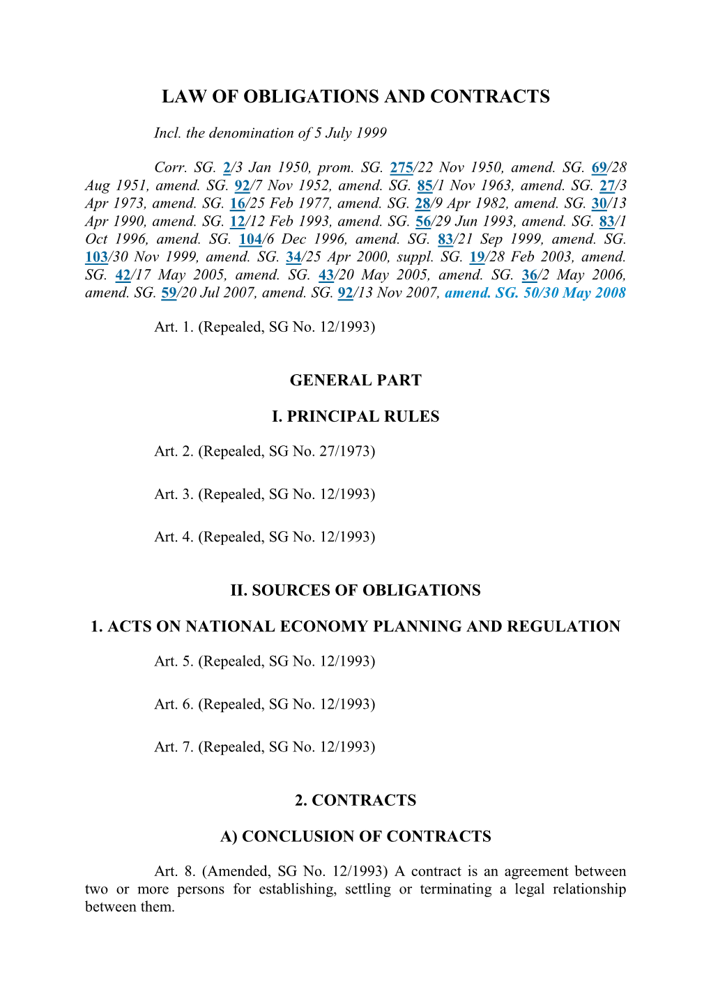 Law of Obligations and Contracts