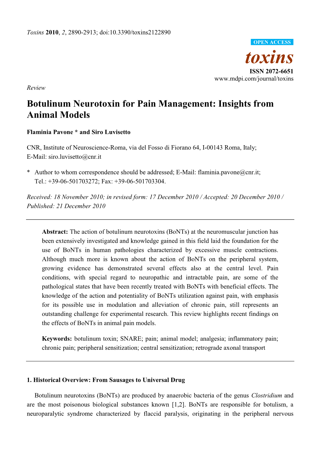 Botulinum Neurotoxin for Pain Management: Insights from Animal Models