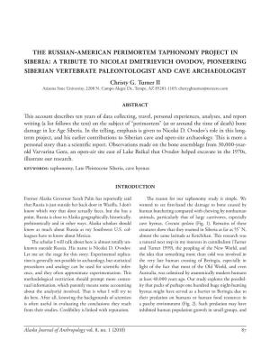 The Russian -American Perimortem Taphonomy Project in Siberia: a Tribute to Nicolai Dmitrievich Ovodov , Pioneering Siberian