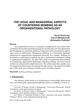 The Legal and Managerial Aspects of Countering Mobbing As an Organizational Pathology