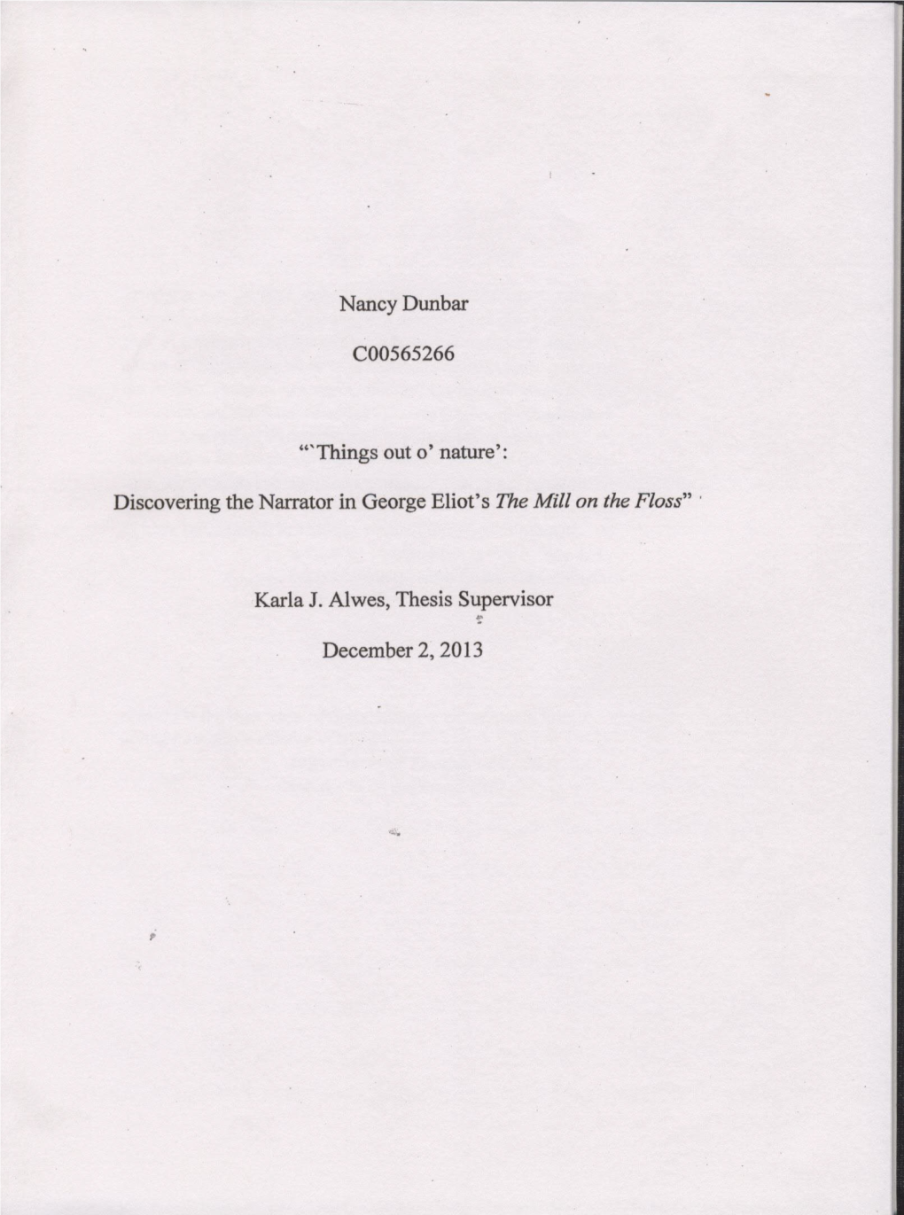 "'Things out 0' Nature': Discovering the Narrator in George Eliot's the Mill