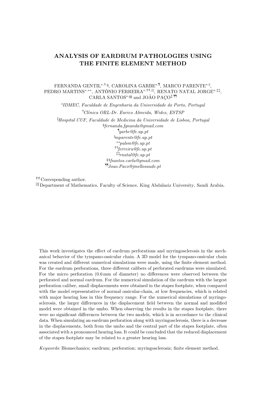 Analysis of Eardrum Pathologies Using the Finite Element Method