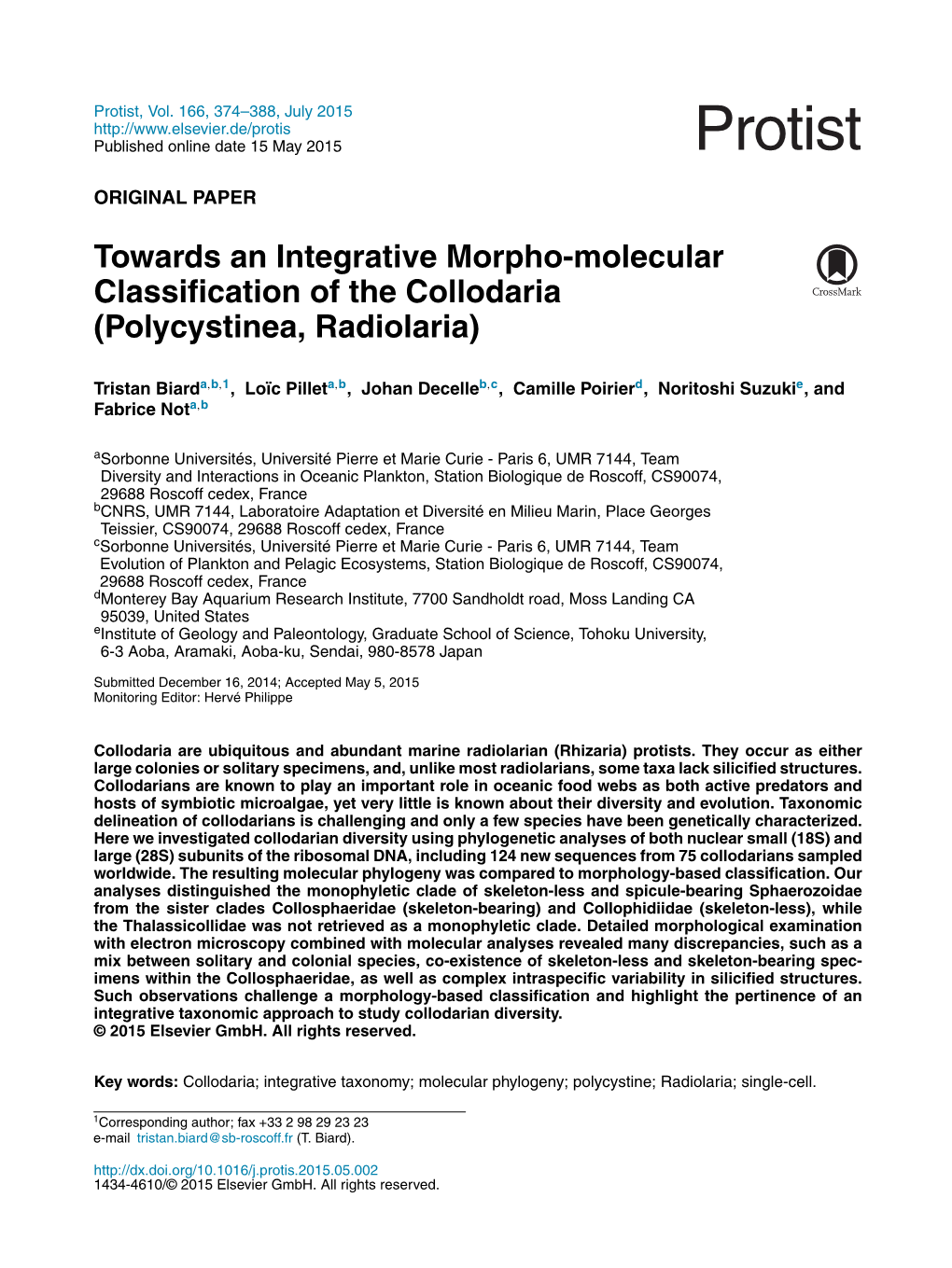 Towards an Integrative Morpho-Molecular Classification of the Collodaria (Polycystinea, Radiolaria)