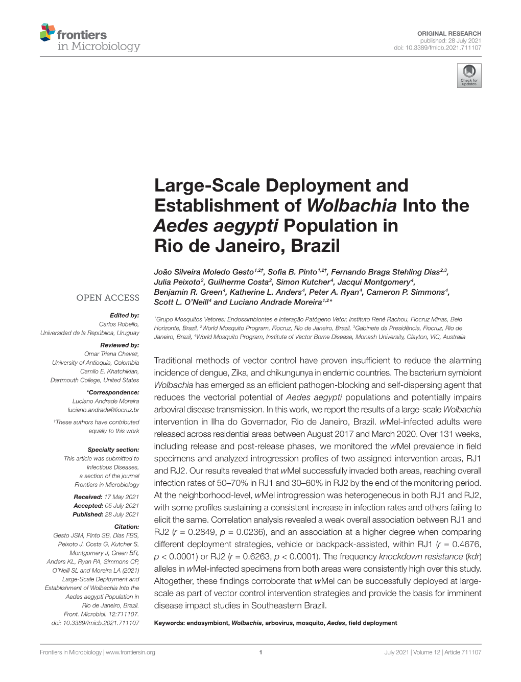 Large-Scale Deployment and Establishment of ﻿Wolbachia﻿ Into The