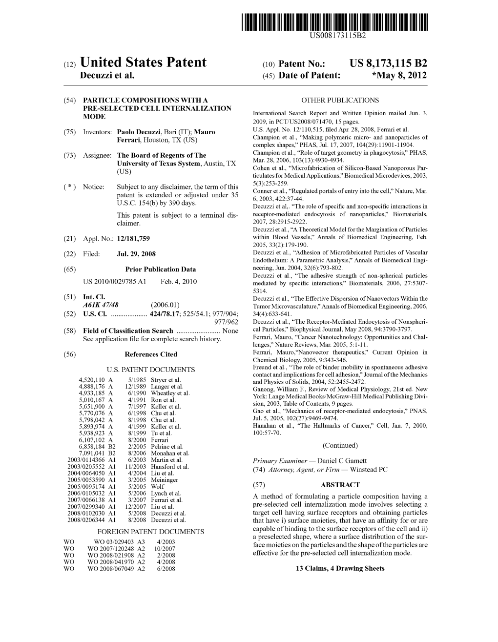 (12) United States Patent �(1O) Patent No.: �US 8,173,115 B2 Decuzzi Et Al