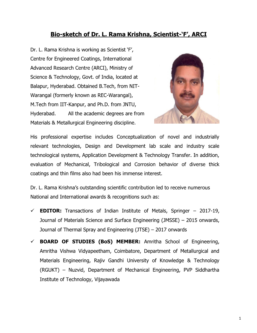 Bio-Sketch of Dr. L. Rama Krishna, Scientist-'F', ARCI