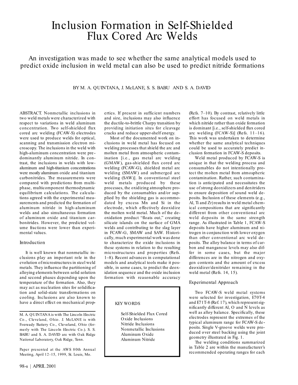 Inclusion Formation in Self-Shielded Flux Cored Arc Welds