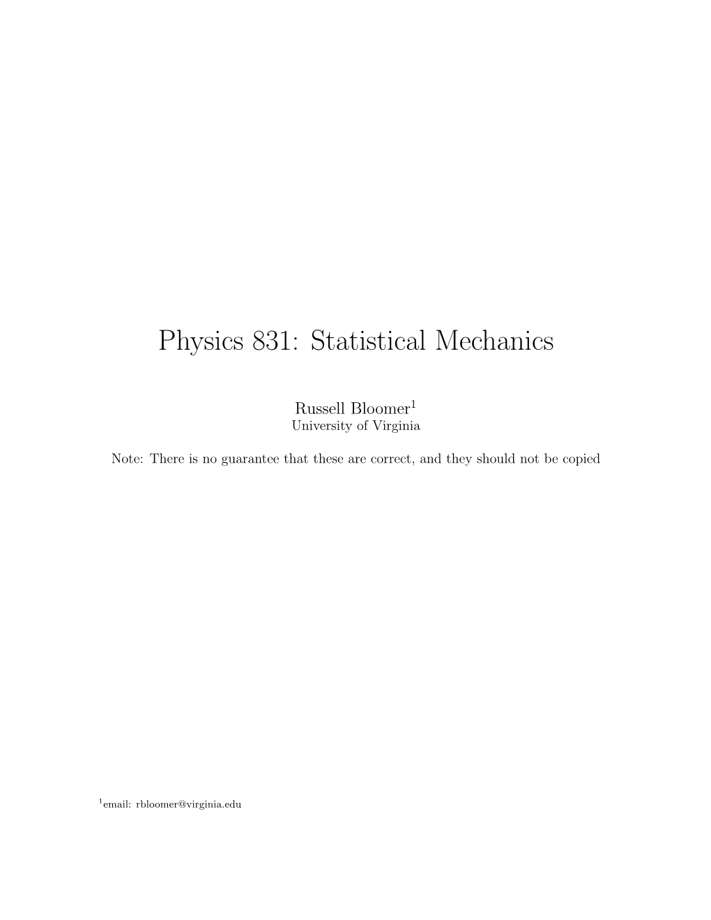 Physics 831: Statistical Mechanics