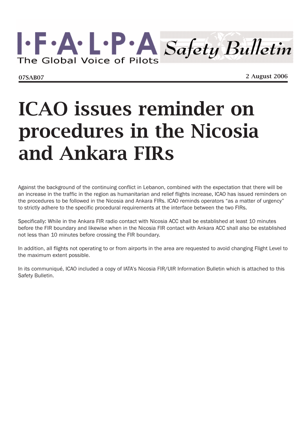 ICAO Issues Reminder on Procedures in the Nicosia and Ankara Firs