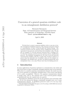 Conversion of a General Quantum Stabilizer Code to an Entanglement