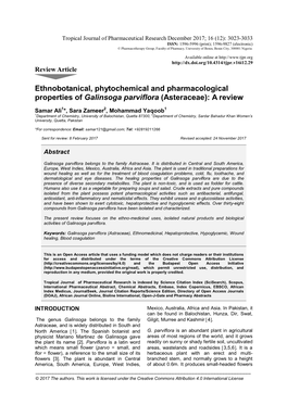 Ethnobotanical, Phytochemical and Pharmacological Properties of Galinsoga Parviflora (Asteraceae): a Review